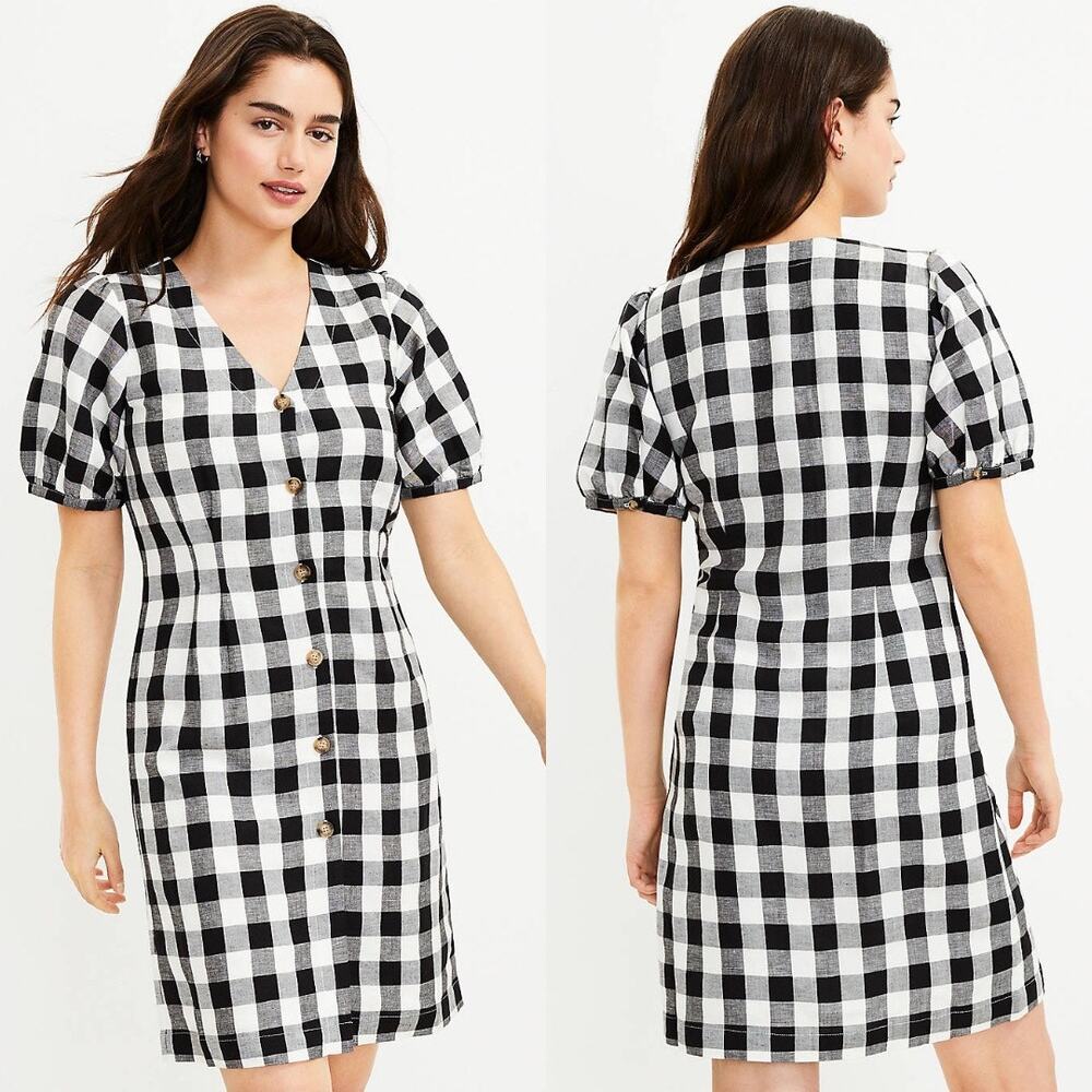 Loft Black & White Gingham Plaid Button Front Mini Dress Size 10 NEW